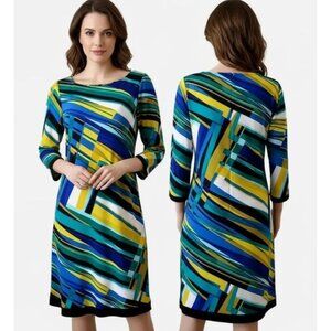 Calvin Klein Women's Blue/Yellow/Green 3/4 Sleeve Geometric Shift Dress Sz 8 NWT